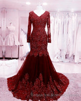 Long Sleeves V-neck Lace Semi Formal Prom Mermaid Dresses,Women Evening Dress